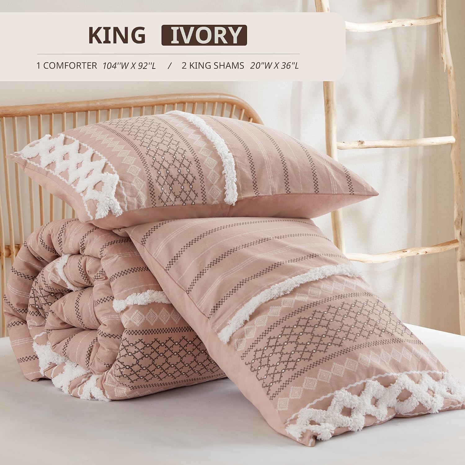 INK+IVY Comforter for King Size Bed, Chenille Tufted, Breathable Cotton Comforter Set King, All Season Modern Boho Comforter with Farmhouse Bedding Flare, 2 Matching Shams, King Blush 3 Piece