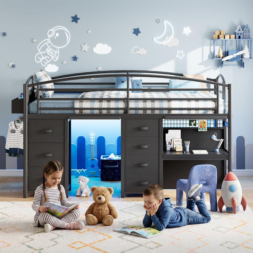 Low Loft Bed Twin Size with 7 Storage Drawers, Desk and LED Lights, Heavy Duty Metal Kids Loft Bed with 12' H Safety Guardrail, Anti-Collision Pad, Private Play Curtain, Under-Bed Play Space - Black