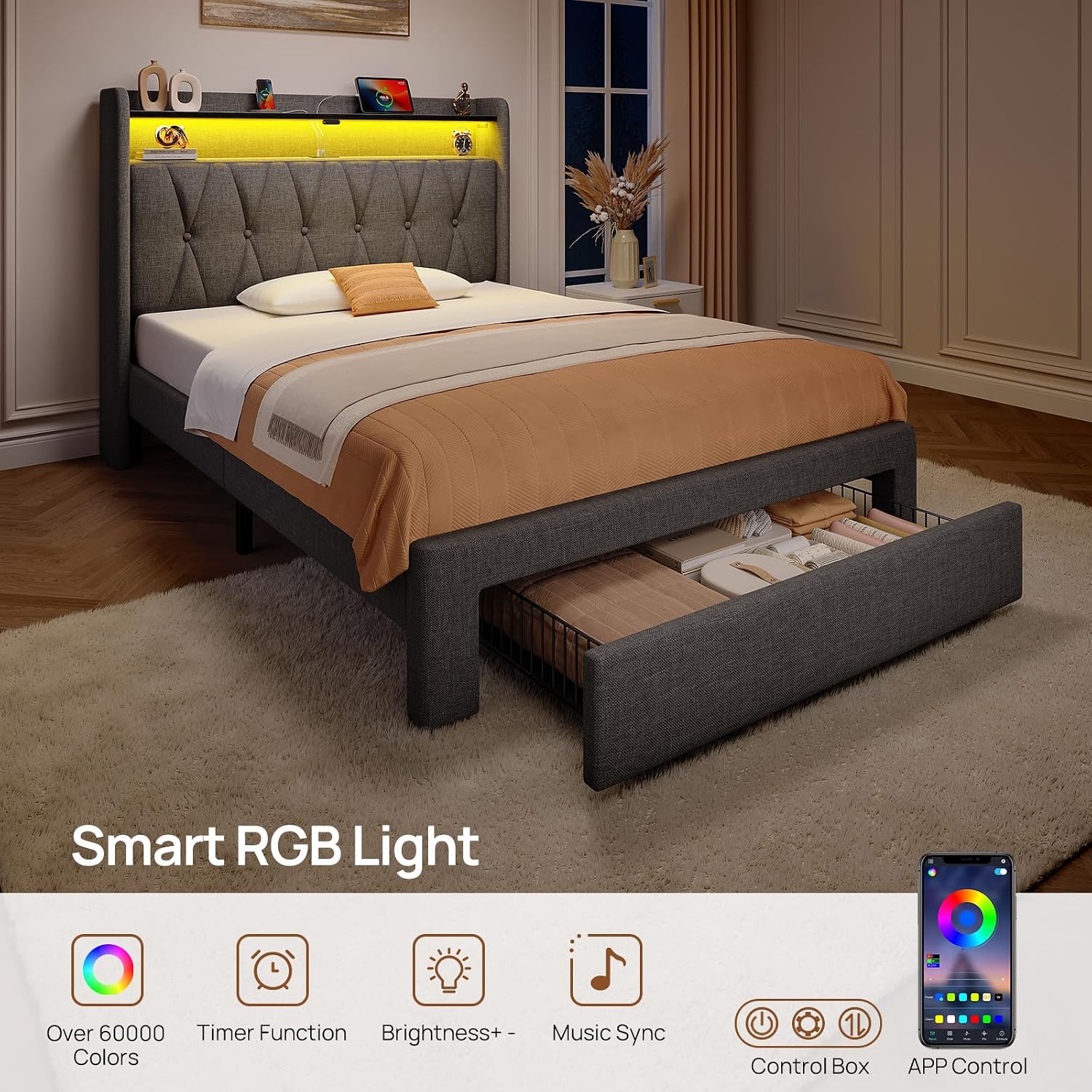 Rolanstar Twin Bed Frame with Drawer, Storage Headboard with Charging Station and LED Lights, Upholstered Bed with Heavy Duty Wood Slats, No Box Spring Needed, Noise Free, Easy Assembly, Dark Grey