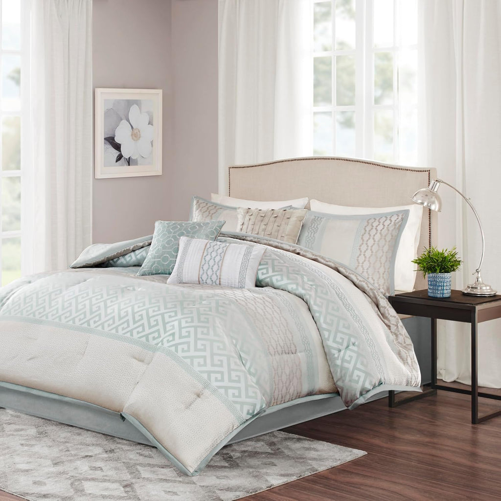 Madison Park Luxury Comforter Set-Traditional Jacquard Design All Season Down Alternative Bedding, Matching Bedskirt, Decorative Pillows, King(104'x92'), Bennett, Geometric Aqua 7 Piece
