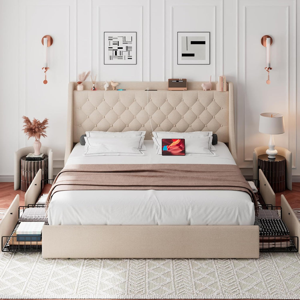 iPormis Full Size Bed Frame with 4 Storage Drawers, Upholstered Platform Bed Frame with Type-C & USB Ports, Wingback Storage Headboard, Solid Wood Slats, No Box Spring Needed, Beige