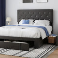 VECELO Full Size Bed Frame with 3 Storage Drawers, Leather Upholstered with Diamond Tufted Headboard, Solid Wood Slat Support & Steel Framework, Black