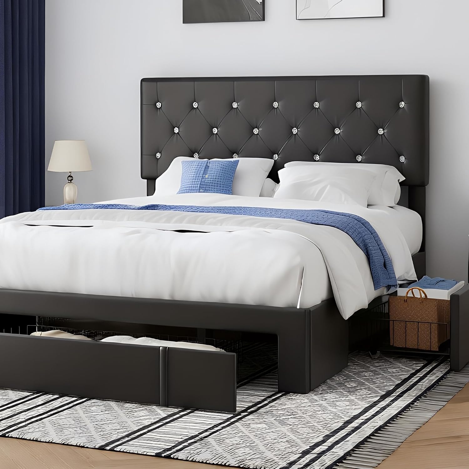 VECELO Full Size Bed Frame with 3 Storage Drawers, Leather Upholstered with Diamond Tufted Headboard, Solid Wood Slat Support & Steel Framework, Black