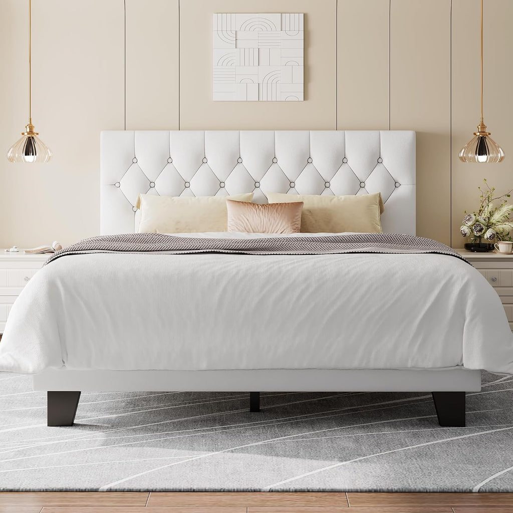Feonase Velvet Queen Platform Bed Frame with Button Tufted Headboard, Upholstered Bed with Wooden Slats Support, No Box Spring Needed, Easy Assembly, Noise-Free, White