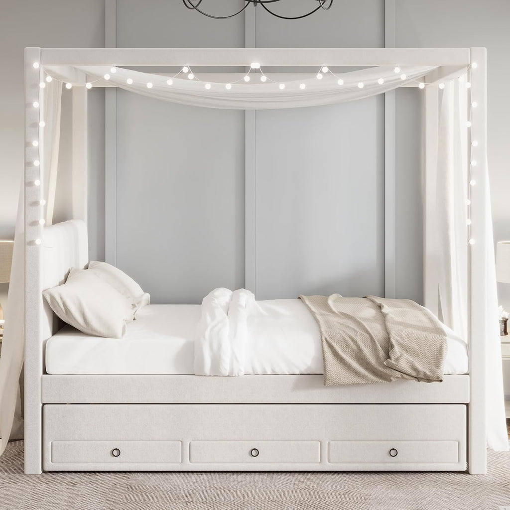 Full Size Linen Upholstered Canopy Bed with Trundle and 3 Storage Drawers for Bedroom, Guest Room (Full)