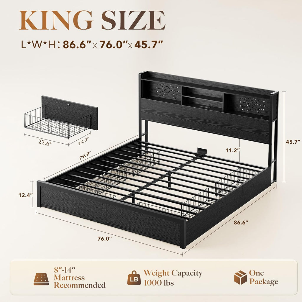 Belffin King Bed Frame with 6 Storage Drawers and Carving Headboard, Wooden Bed Frame with Charging Station and LED Lights, No Noise and Easy Assembly, No Box Spring Needed, Vintage Black