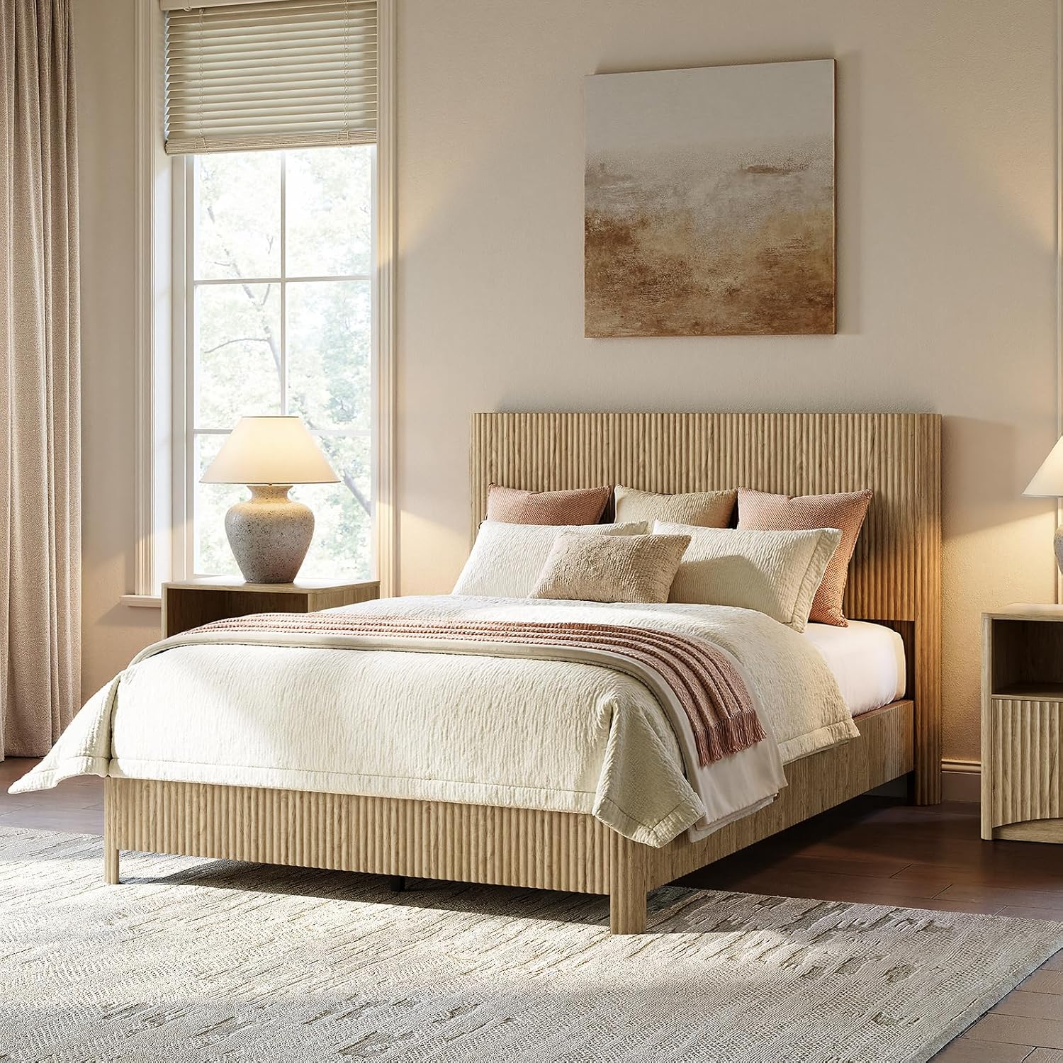 Evermagin Oak Full Bed Frame with Headboard, Mid Century Modern Fluted Platform Bed, Boho Wooden Bed Base No Box Spring Needed, Wavy Grooved Panel