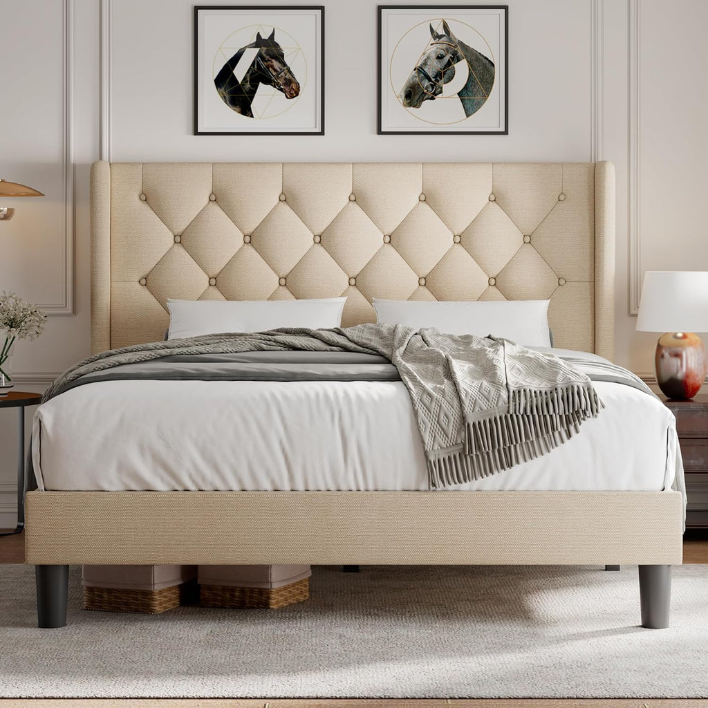 iPormis Full Size Platform Bed Frame with Button Tufted Headboard, Upholstered Bed Frame with Solid Wooden Slats, 8' Underbed Space, No Box Spring Needed, Noise Free, Easy Assembly, Beige