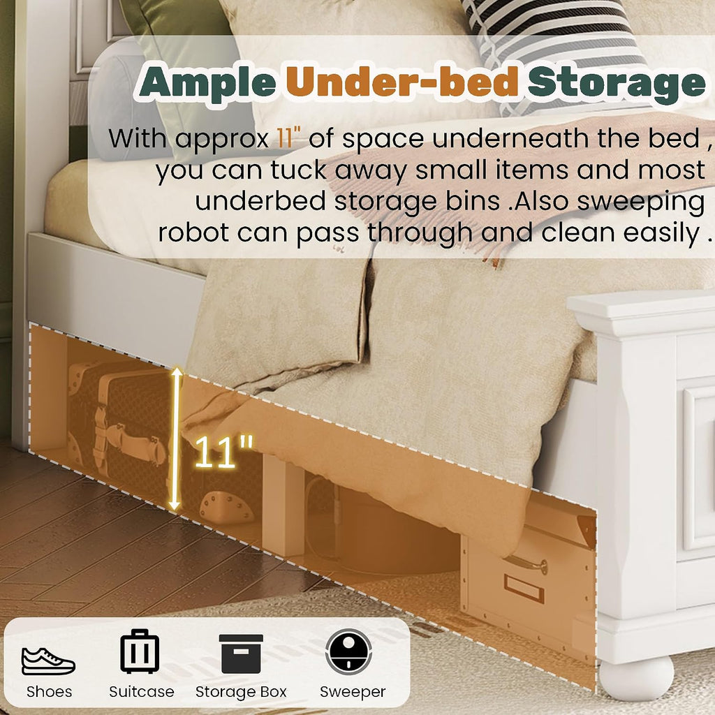Mirightone Farmhouse Queen Bed Frame with Tall Headboard and Footboard, White Wood Bed Frames Queen with Under Bed Storage, Noise-Free, No Box Spring Needed, White
