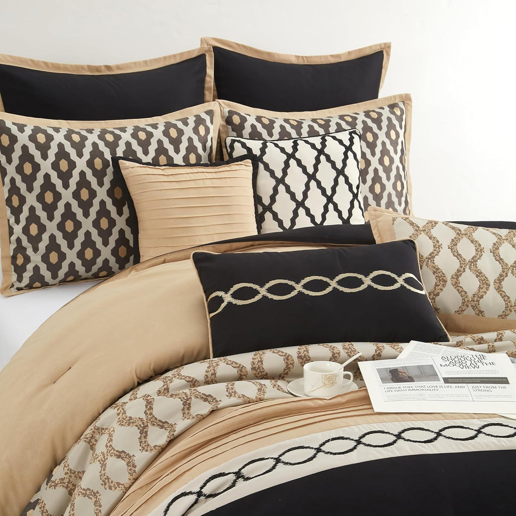 Stratford Park Geometirc King Black Gold Comforter Set, 10 Piece, Jacquard Bedding Comforters & Sets, Bedskirt, Pillows & Shams,