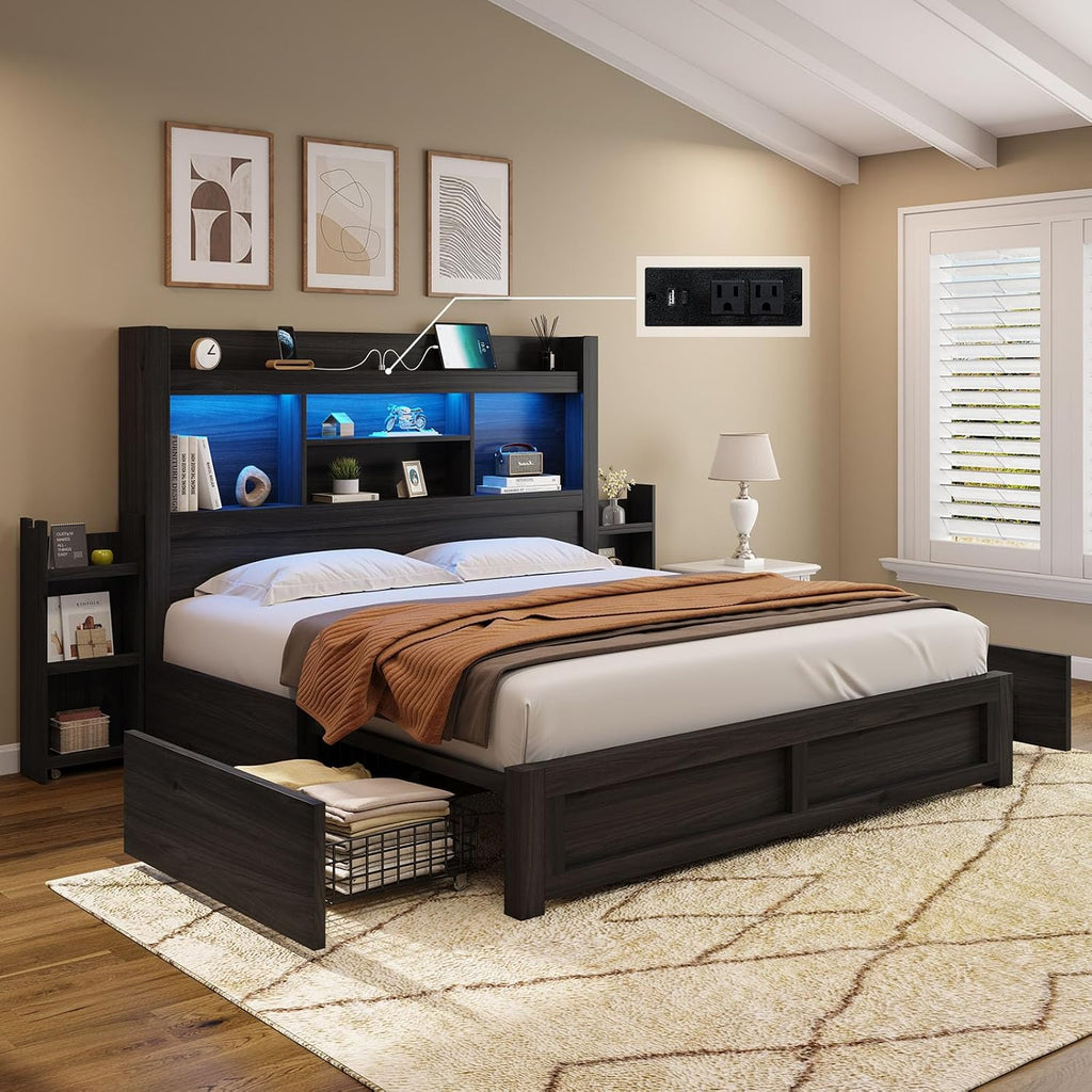 AMERLIFE Full Size Bed Frame with 4 Storage Drawers, LED Bed Frame with 49.6' Tall Bookcase Headboard, Wood Platform Bed with Charging Station & 2 Slide Bedside Shelf, No Box Spring Needed/Black