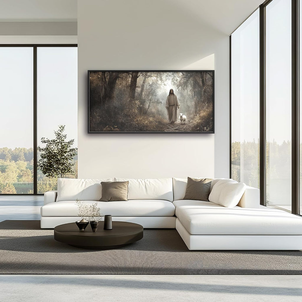Vintage Christian Large Wall Art Framed Religious Wall Decor for Living Room Jesus Lamb Pictures Oversized Canvas Print Painting Modern Extra Large Artwork for Bedroom Office 60'x30'