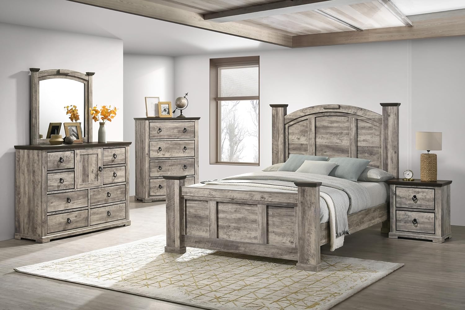 Rustic Gray Poster King Size 5pc Panel Bed Set Storage Wooden Solid Wood Bedroom Furniture