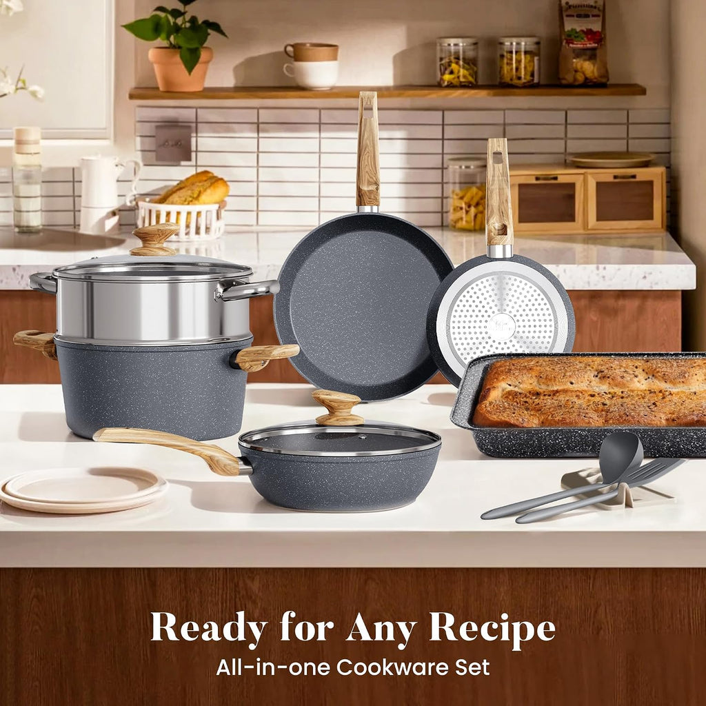 Kitchen Academy Granite Pots and Pans Set Non Stick - 17 Piece Nonstick Cookware Set, Induction Gray Cooking Pans Set, PFOA & PFOS Free.