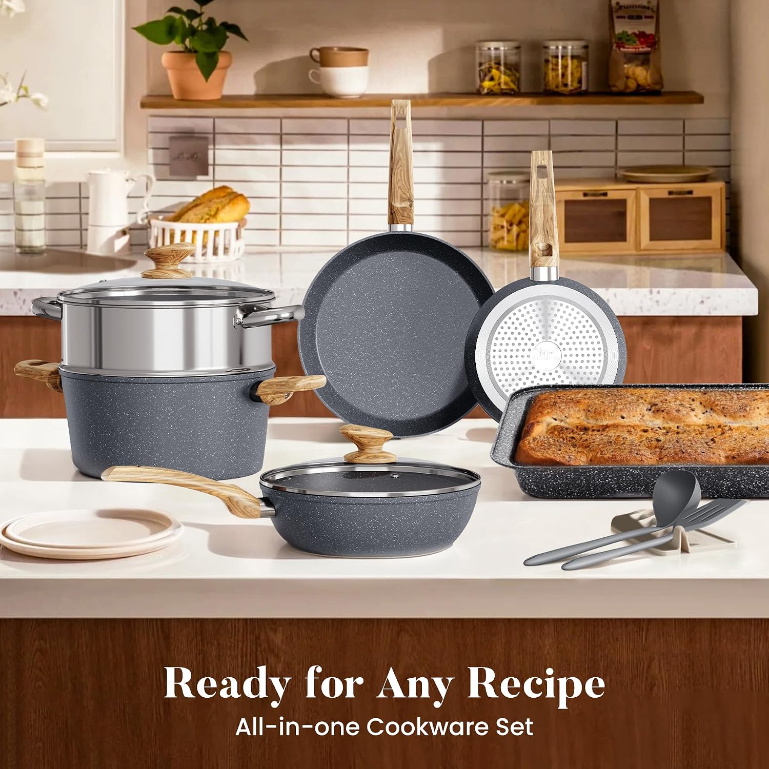 Kitchen Academy Granite Pots and Pans Set Non Stick - 17 Piece Nonstick Cookware Set, Induction Gray Cooking Pans Set, PFOA & PFOS Free.