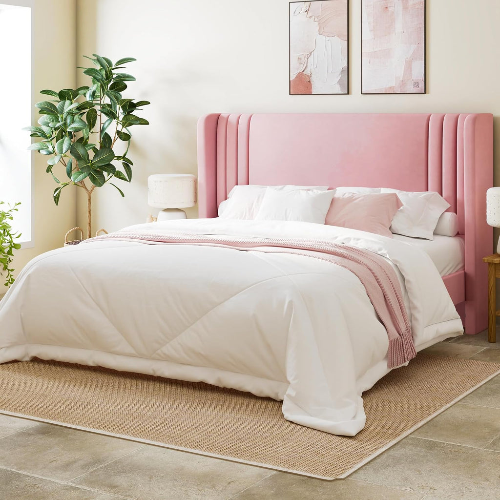 Allewie Queen Size Velvet Platform Bed Frame with Vertical Tufted Wingback Headboard, Easy Assembly, Under Bed Storage, No Box Spring Required, Modern Style, Pink