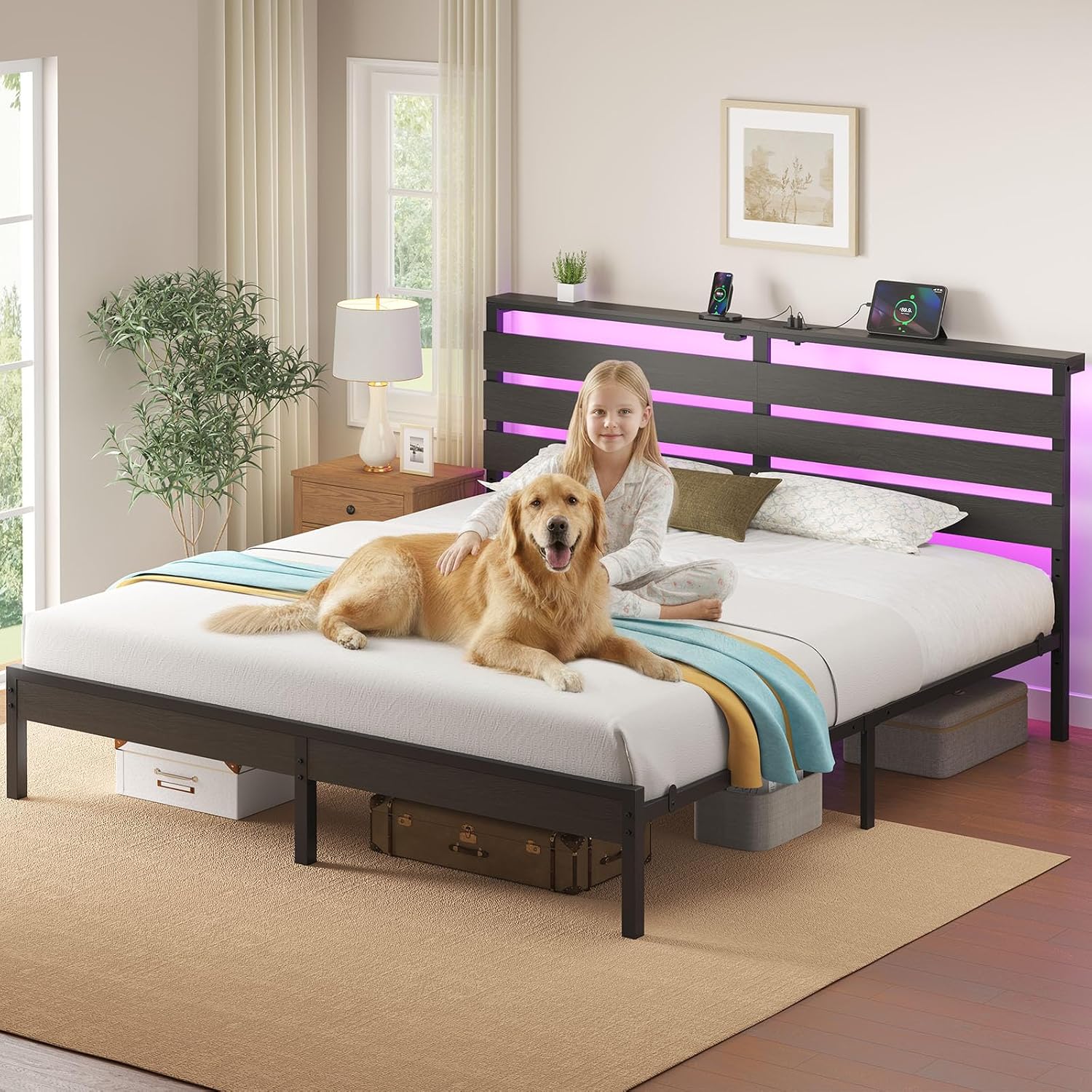 Rolanstar Bed Frame King Size with USB Charging Station, LED Bed Frame with Wood Storage Headboard, Black Metal Platform Bed with Under Bed Storage, No Box Spring Needed, Noise Free