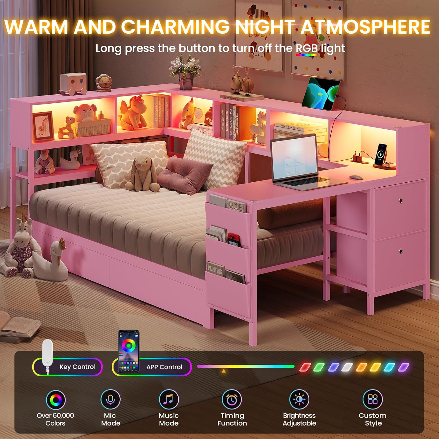 DICTAC Corner Twin Bed Frame with Desk,Charging Station and Bookcase Storage Pink Bed Frame for Girls with Storage Drawers and Led Lights Twin Size Daybed with Open Shelves,No Box Spring Needed