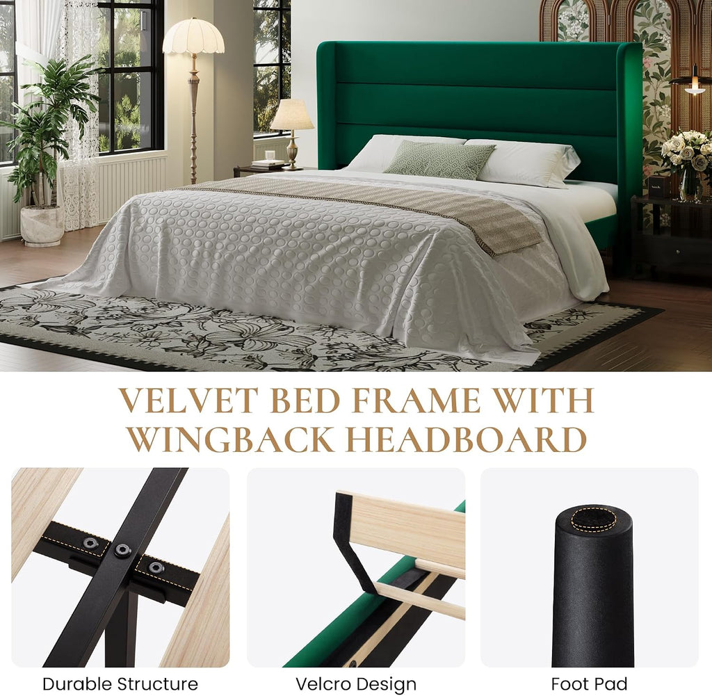 SHA CERLIN King Size Velvet Bed Frame with Wingback Headboard/Upholstered Platform Bed with Wooden Slats/Mattress Foundation/No Box Spring Needed/Easy Assembly/Green