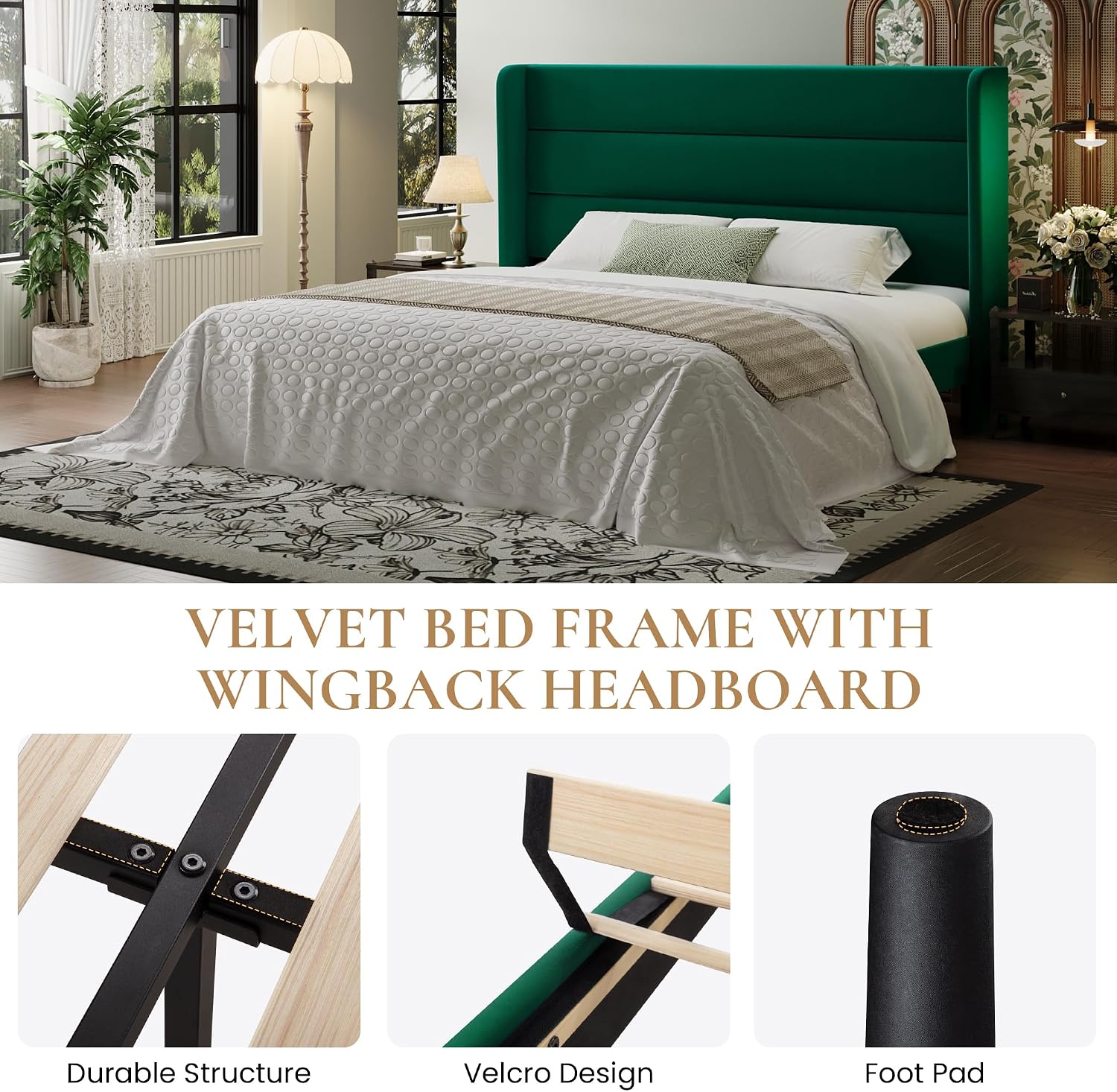 SHA CERLIN King Size Velvet Bed Frame with Wingback Headboard/Upholstered Platform Bed with Wooden Slats/Mattress Foundation/No Box Spring Needed/Easy Assembly/Green