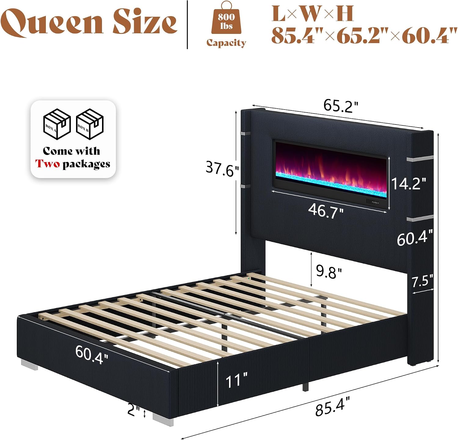 AMERLIFE Modern Queen Size Bed Frame with Fireplace, Corduroy Upholstered Bed Frame with 60.4' Extra Tall Wingback Headboard, Wingback Platform Bed Frame with Wooden Slats/No Box Spring Needed, Black