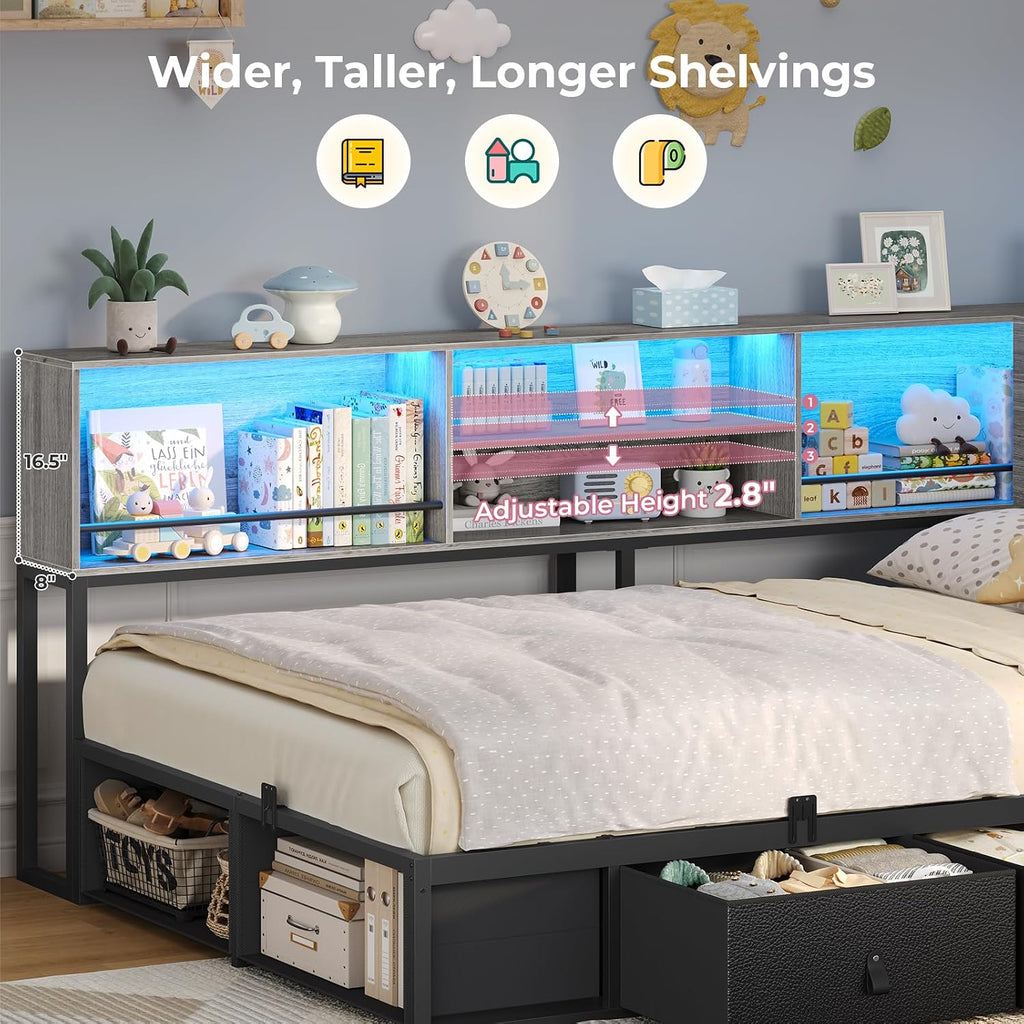 ADORNEVE Twin Corner Bed Frame with Bookcase Storage & LED Light Headboard, Charging Station, Metal Daybed with 3 Drawers & 2 Open Cubbies, for Small Bedrooms, Black & Oak Grey