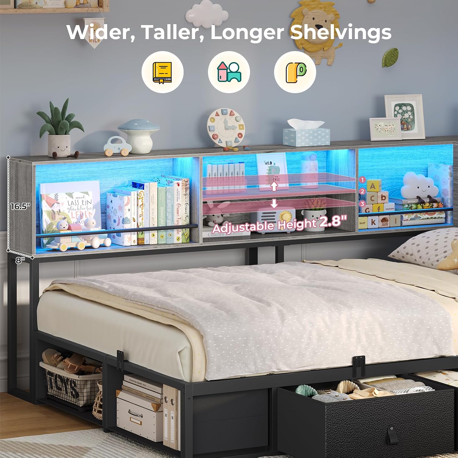 ADORNEVE Twin Corner Bed Frame with Bookcase Storage & LED Light Headboard, Charging Station, Metal Daybed with 3 Drawers & 2 Open Cubbies, for Small Bedrooms, Black & Oak Grey