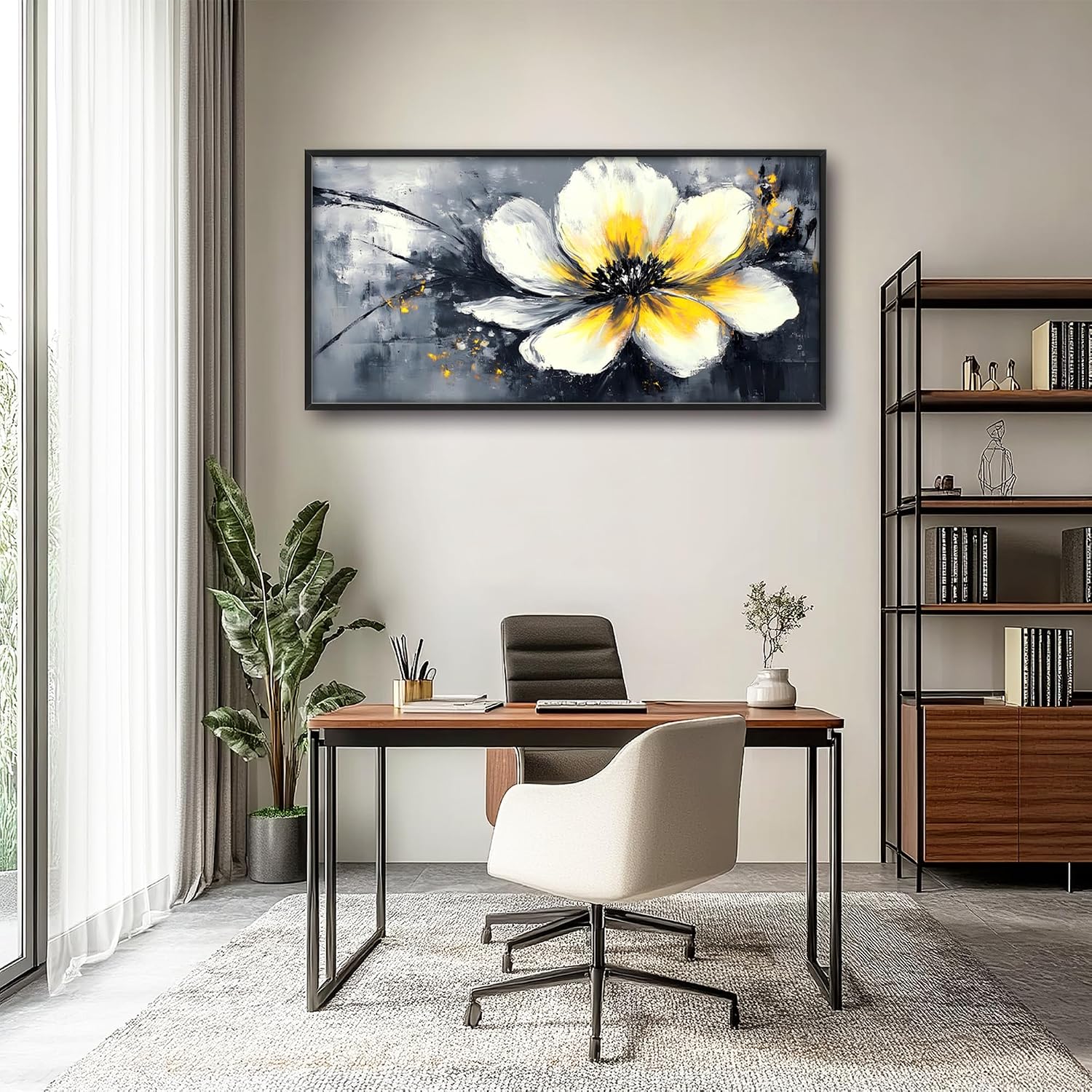 Abstract Flower Large Wall Art Framed Wall Decor for Living Room Black and White Floral Pictures Oversized Canvas Print Painting Modern Extra Large Artwork for Bedroom Office Home Decor 60'x30'