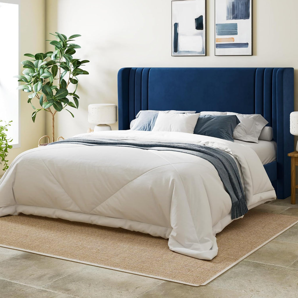 Allewie Full Size Velvet Platform Bed Frame with Vertical Tufted Wingback Headboard, Easy Assembly, Under Bed Storage, No Box Spring Required, Modern Style, Blue