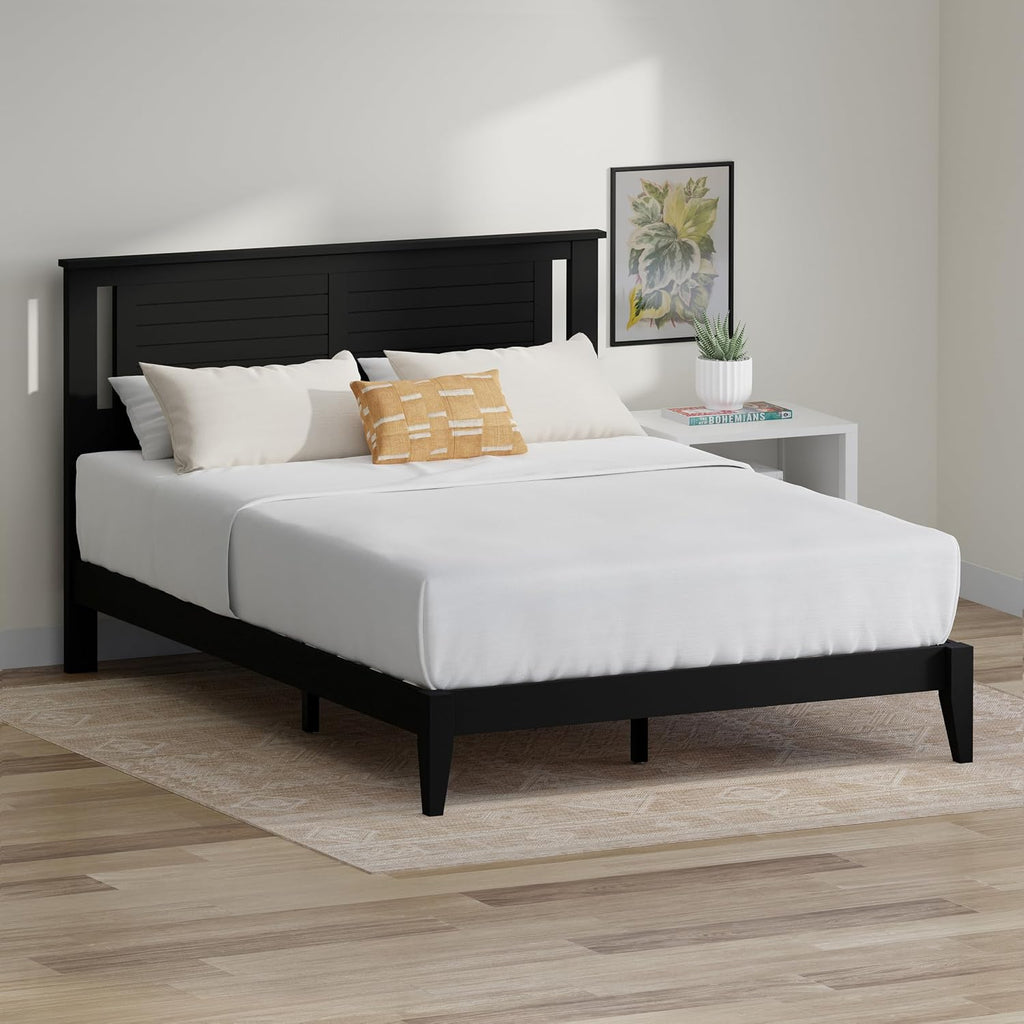 ComfIQ Solid Wood Platform Bed with Wooden Slats – Durable Frame, No Box Spring Required, Ample Underbed Storage, Black, Queen, Bed and Horizontal Slat Headboard