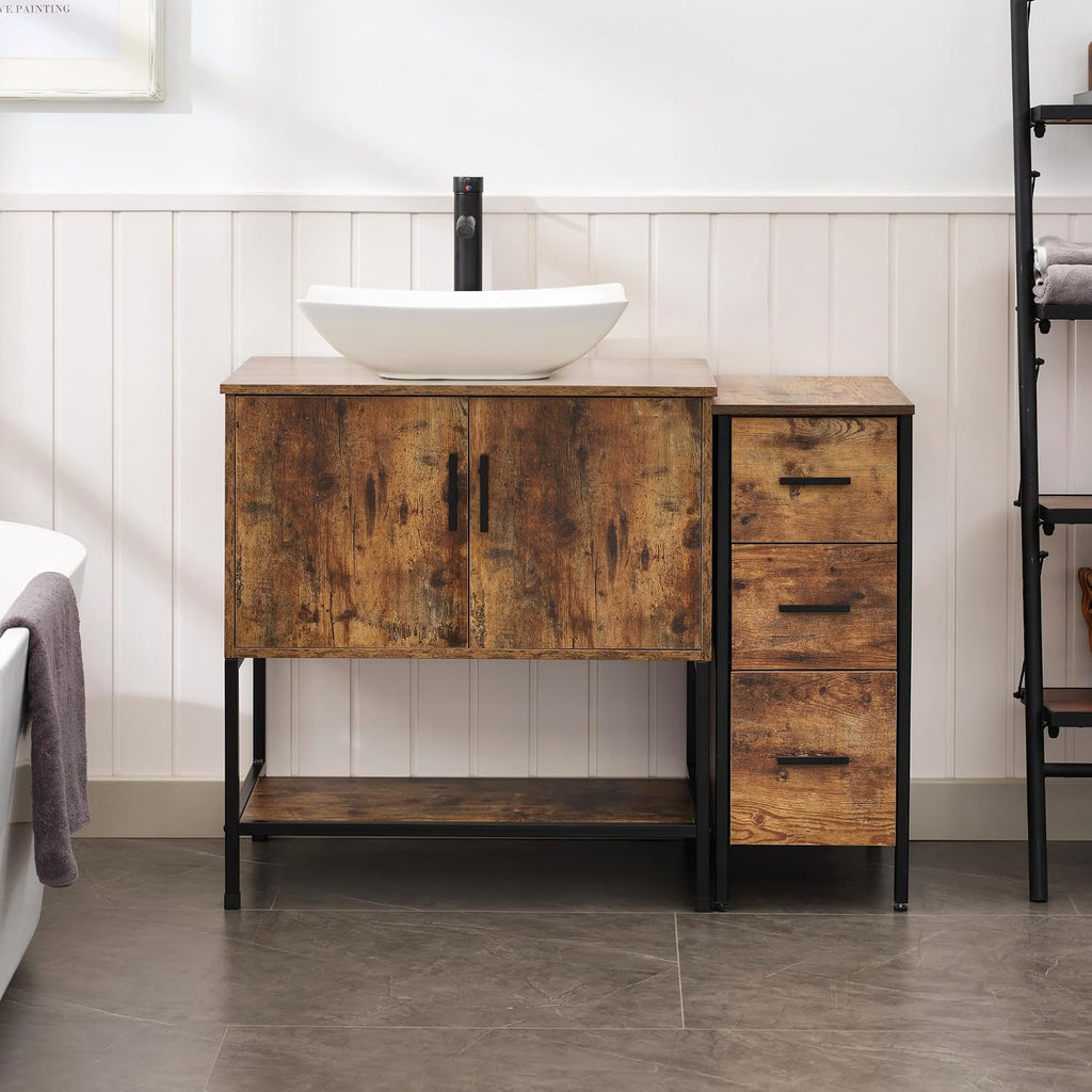 UEV 42' Rustic Brown Bathroom Vanity with Sink Combo,Industrial Iron Frame Bathroom Cabinet Sets with 3 Drawers Side Cabinet,Modern Artistic Ceramic Vessel Sink(032WH)