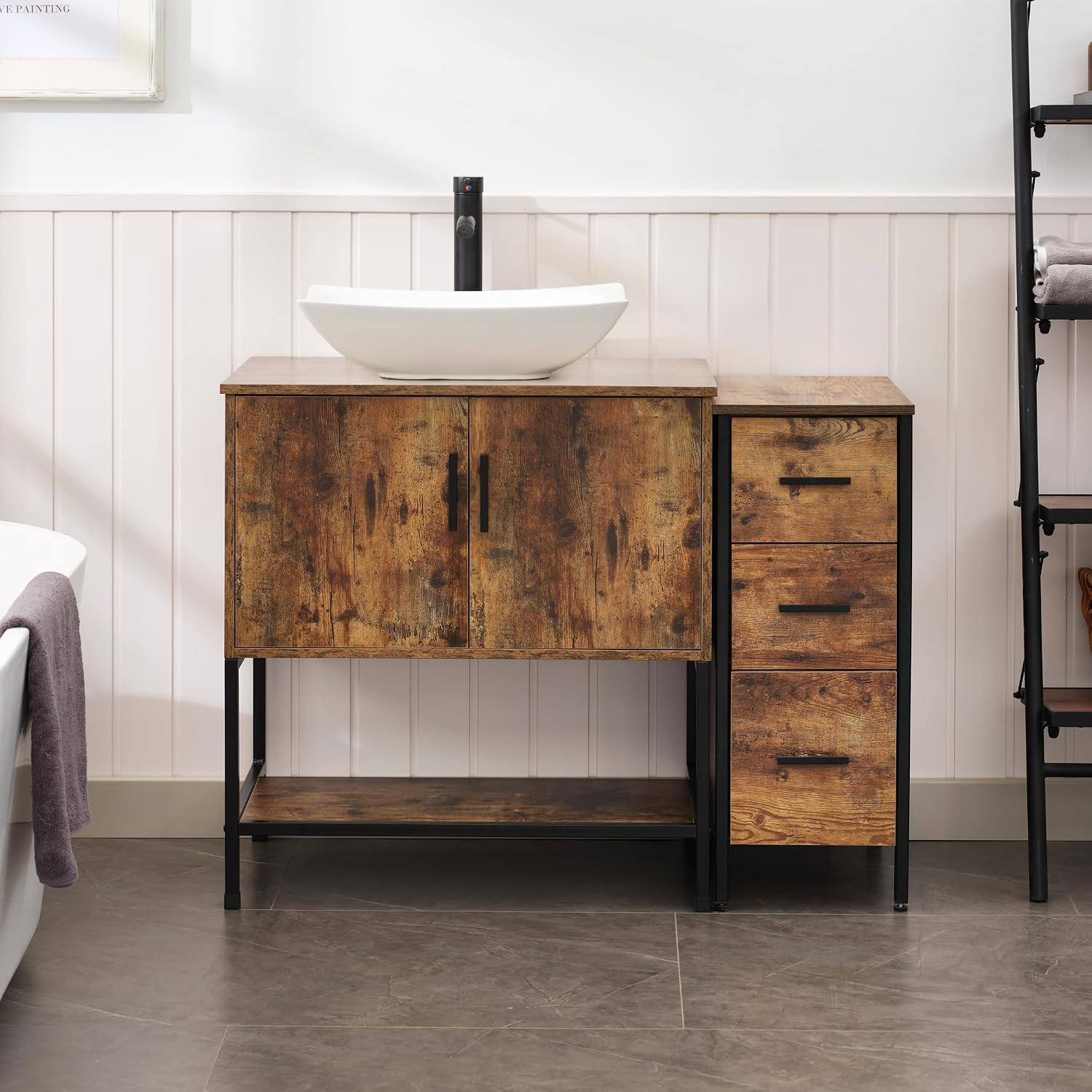 UEV 42' Rustic Brown Bathroom Vanity with Sink Combo,Industrial Iron Frame Bathroom Cabinet Sets with 3 Drawers Side Cabinet,Modern Artistic Ceramic Vessel Sink(032WH)