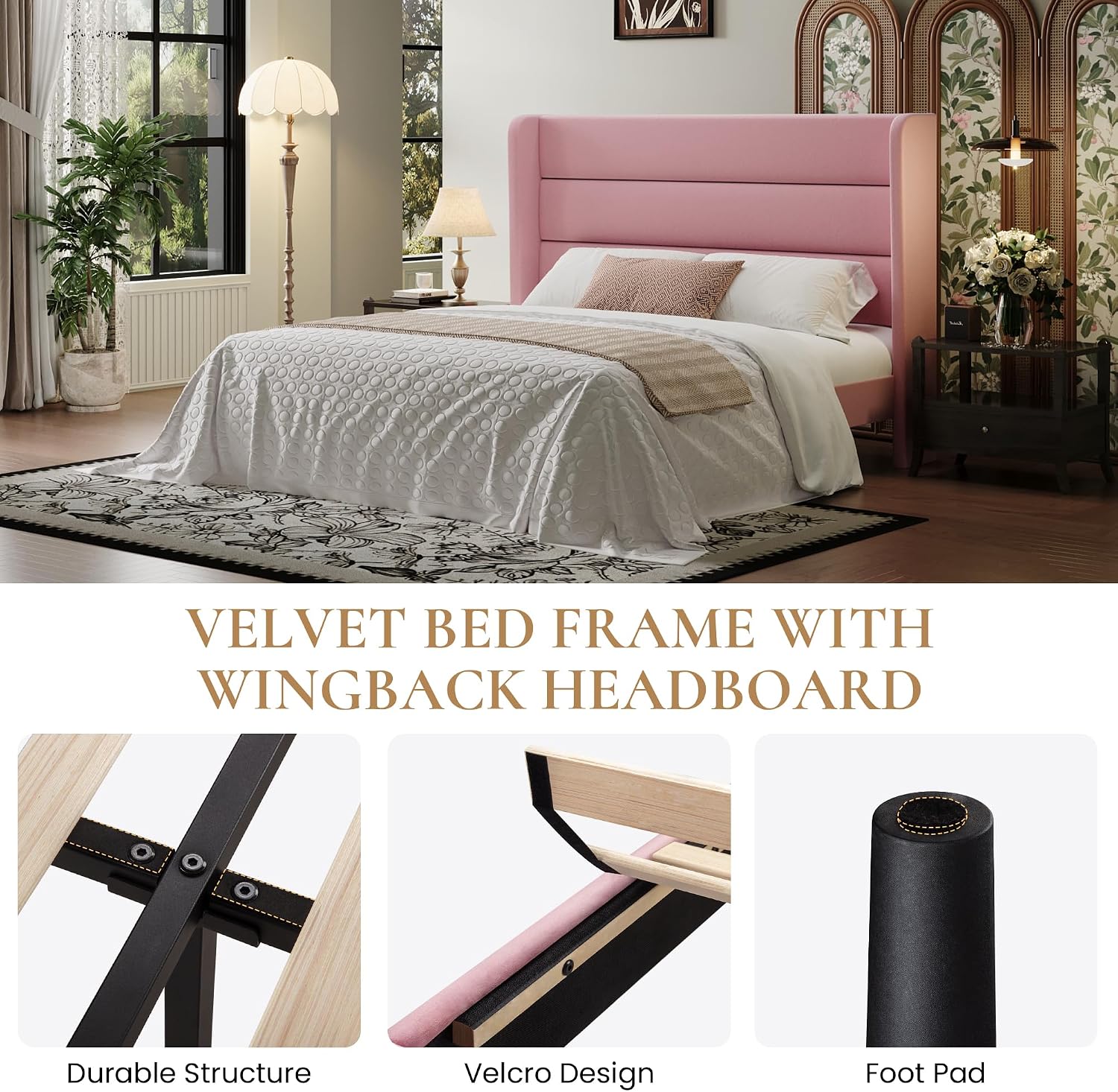 SHA CERLIN Full Size Velvet Bed Frame with Wingback Headboard/Upholstered Platform Bed with Wooden Slats/Mattress Foundation/No Box Spring Needed/Easy Assembly/Pink