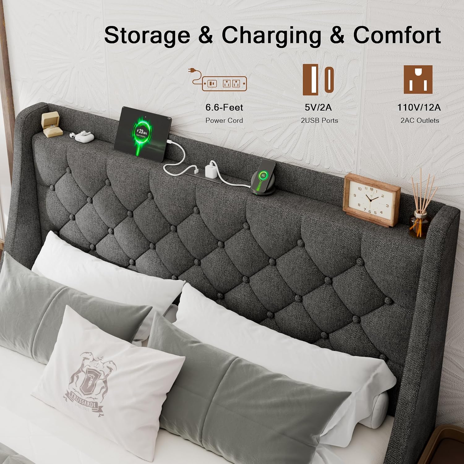 Einhomn Full Size Bed Frame with 4 Storage Drawers, Upholstered Bed Frame with Large Wingback Headboard, Charging Station, No Box Spring Needed, Dark Grey