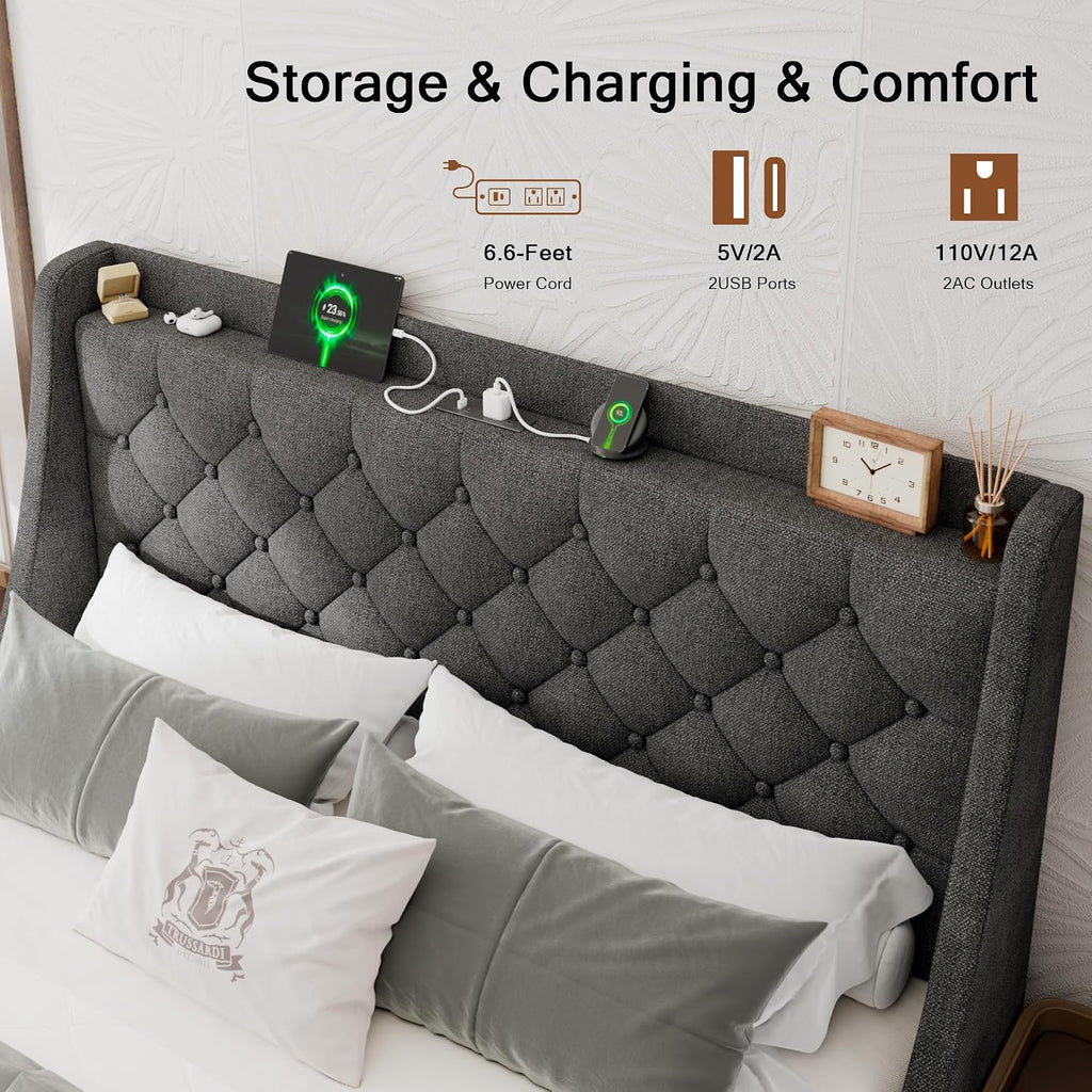 Einhomn Upholstered Queen Bed Frame with 4 Storage Drawers, Modern Platform Bed with Wingback Headboard, Charging Station, No Box Spring Needed, Dark Grey