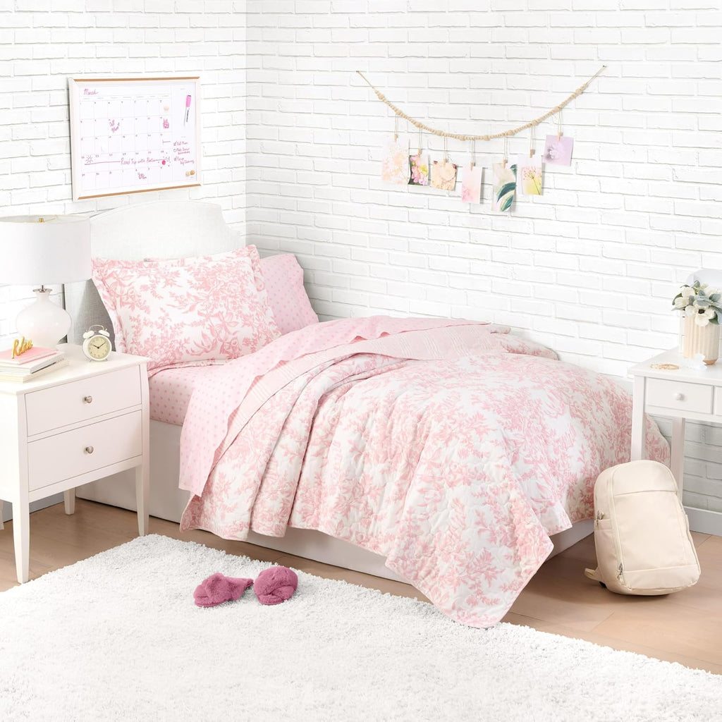 Laura Ashley - Twin Size Bedding Bundle, Reversible Quilt with Matching Pillowcases & Cotton Percale Sheet Set, Floral Bedding with a Crisp & Cool Feel (Pink)