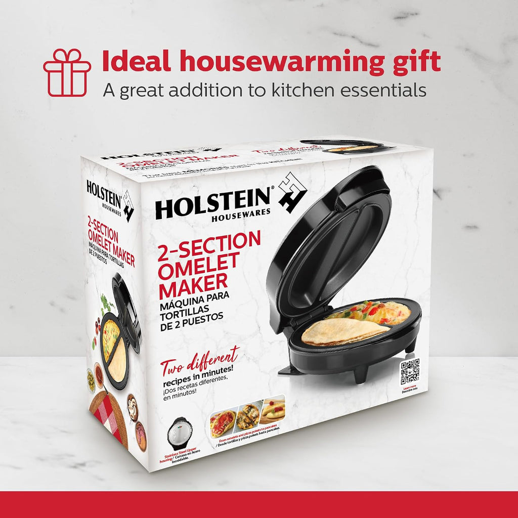 Holstein Housewares Stainless Steel 2 Section Omelet&Frittata Maker,Non Stick Coating,Easy To Clean,Indicator Lights,Compact Storage,Prepare Versatile Recipes in Minutes. 2 Portions,Black,(Pack of 6)