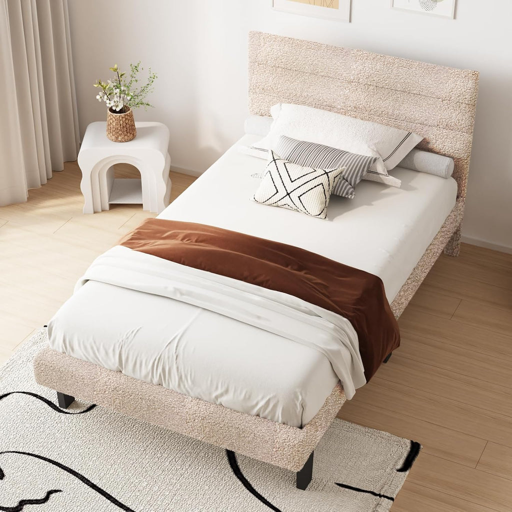 VINGLI Set of 2 Twin Bed Frames for Kids,Boucle Upholstered Platform Bed with Adjustable Headboard,Sturdy Wood Slats Support,Cloud Single Bed with Cream Design,Noise Free, Easy Assembly, Beige