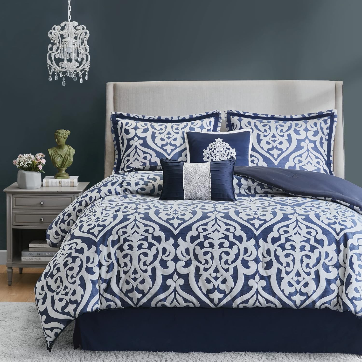 Madison Park Tesla Cozy Comforter Set Jacquard Damask Medallion Design - All Season Down Alternative Bedding, Shams, Bedskirt, Decorative Pillows, King, Navy 6 Piece