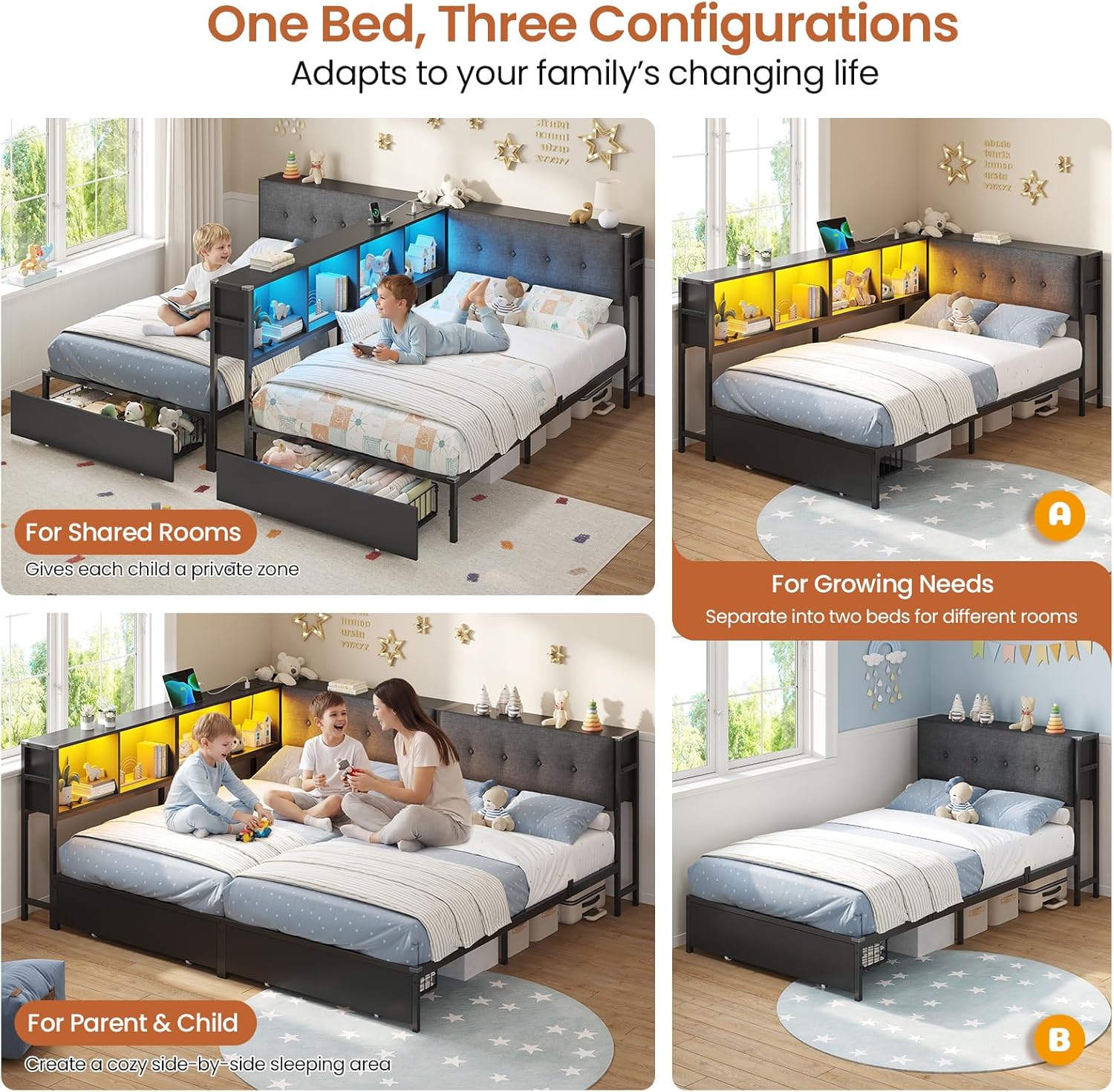 DICTAC Twin Beds for 2 Kids with Storage Bookcase Divider, Charging Station and LED Lights, Double Twin Bed with 2 Large Drawers and Headboard Storage, Metal Platform Bed for Shared Bedroom, Black