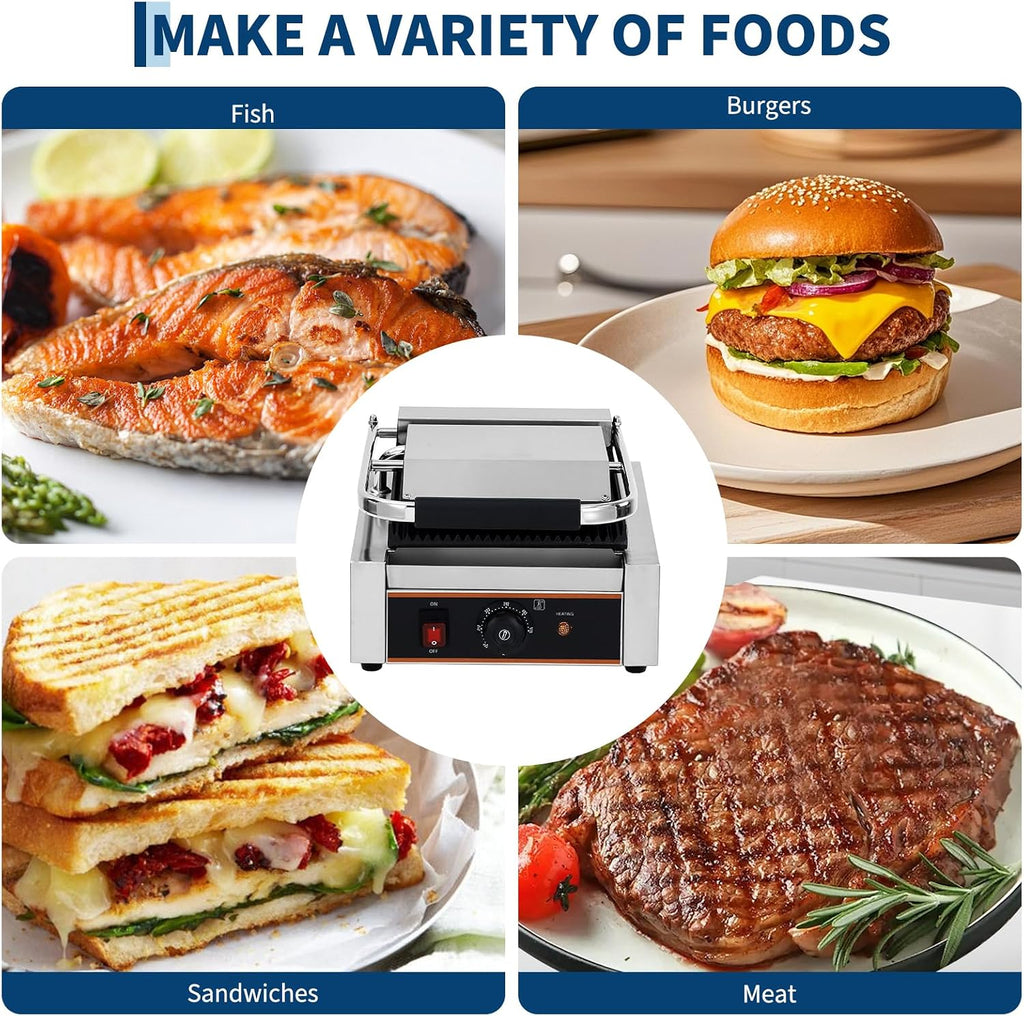 YS-811C 1800W Commercial Panini Press & Electric Grill, 9x9 Inch Sandwich Maker with 6-Temp Control, 110V Indoor Grill for Burgers, Panini, Breakfast, Silver