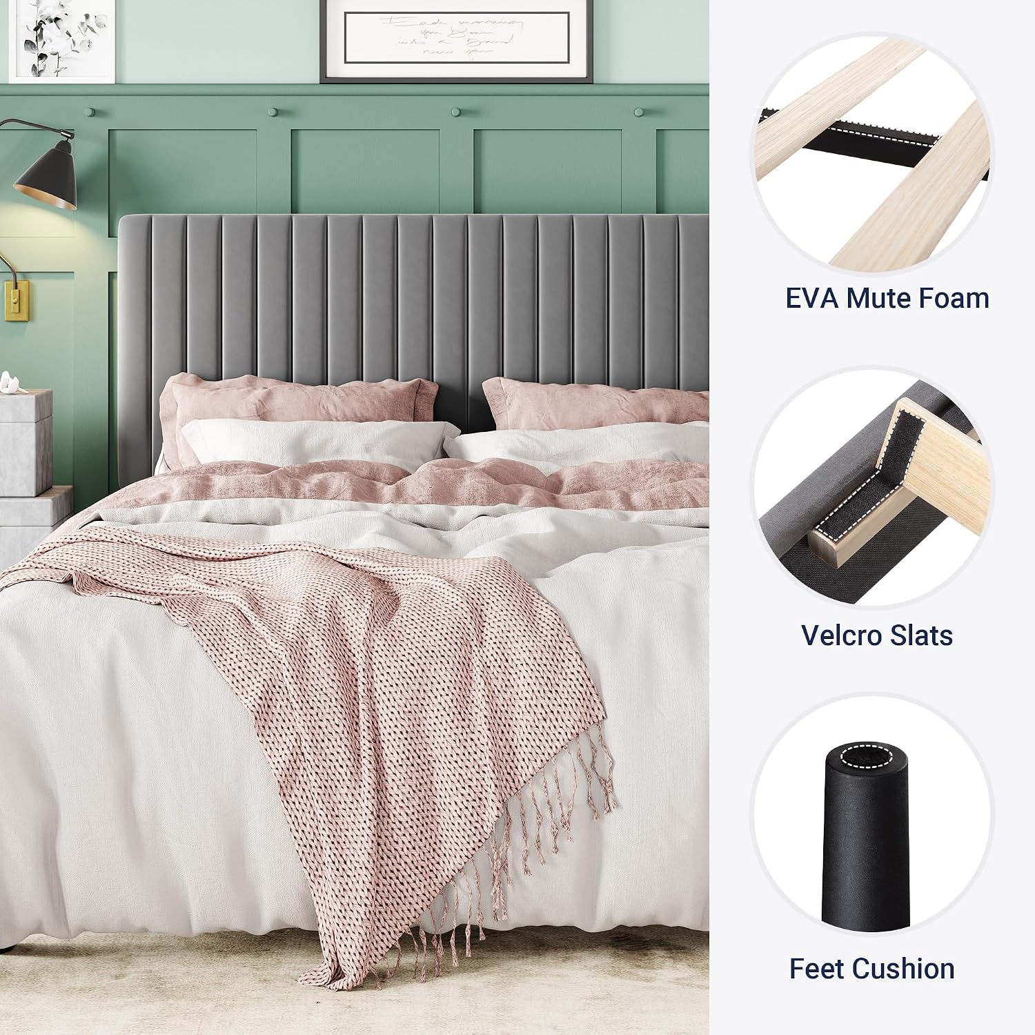 Allewie Full Bed Frame, Velvet Upholstered Platform Bed with Adjustable Vertical Channel Tufted Headboard, Mattress Foundation with Strong Wooden Slats, Box Spring Optional, Easy Assembly, Grey