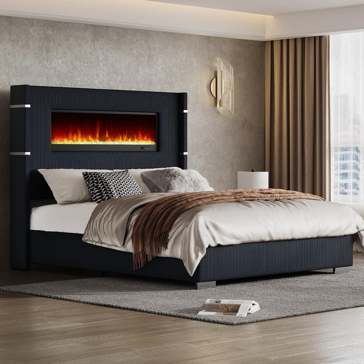 AMERLIFE Modern Queen Size Bed Frame with Fireplace, Corduroy Upholstered Bed Frame with 60.4' Extra Tall Wingback Headboard, Wingback Platform Bed Frame with Wooden Slats/No Box Spring Needed, Black