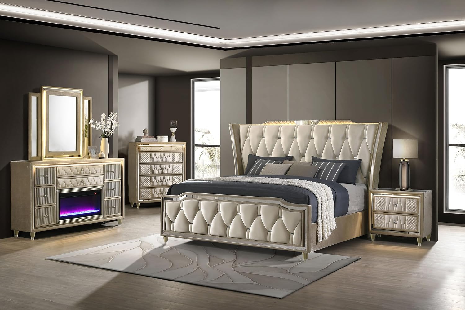 Coaster Home Furnishings - Lorient - Wood - 5-Piece Bedroom Set with Tufted LED Wingback Bed, USB Port, Traditional Style and Flame Visualizer - Bedroom - Queen Size - Ivory and Camel - 222661Q-S5B