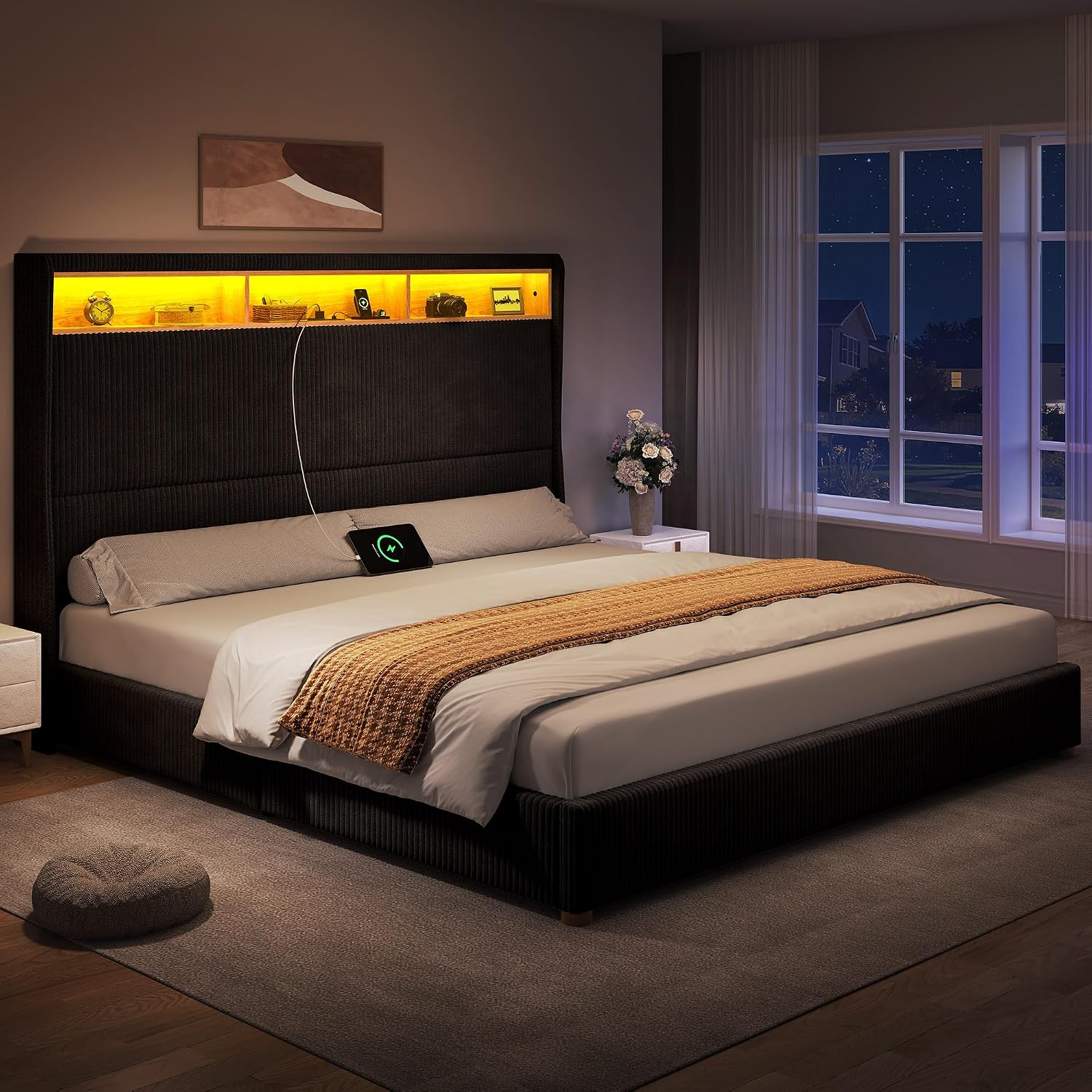 DWVO King Size Corduroy Upholstered Platform Bed Frame with Charging Station and RGB LED Lights, 53'' Tall Storage Wingback Headboard, No Box Spring Needed, Easy Assembly, Noise-Free, Black