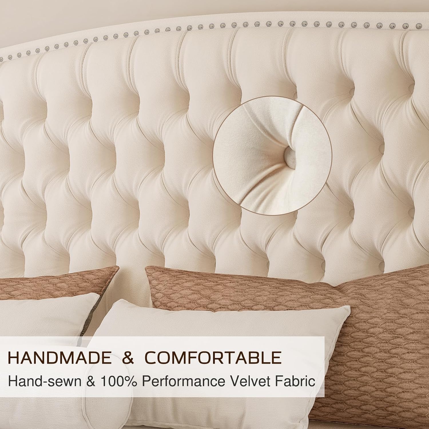LUXOAK King Platform Bed Frame with Wingback Headboard, Velvet Upholstered Bed Frame with Handmade Button Tufted & Nailhead, Wooden Slats Support, Cream