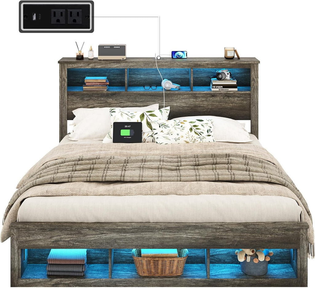 Albott Farmhouse King Size Bed Frame with Storage/Bookcase Headboard & Footboard, Wood Platform Bed with LED Lights/Charging Station, Heavy-Duty Metal Support/No Box Spring Needed/Noise-Free, Gray
