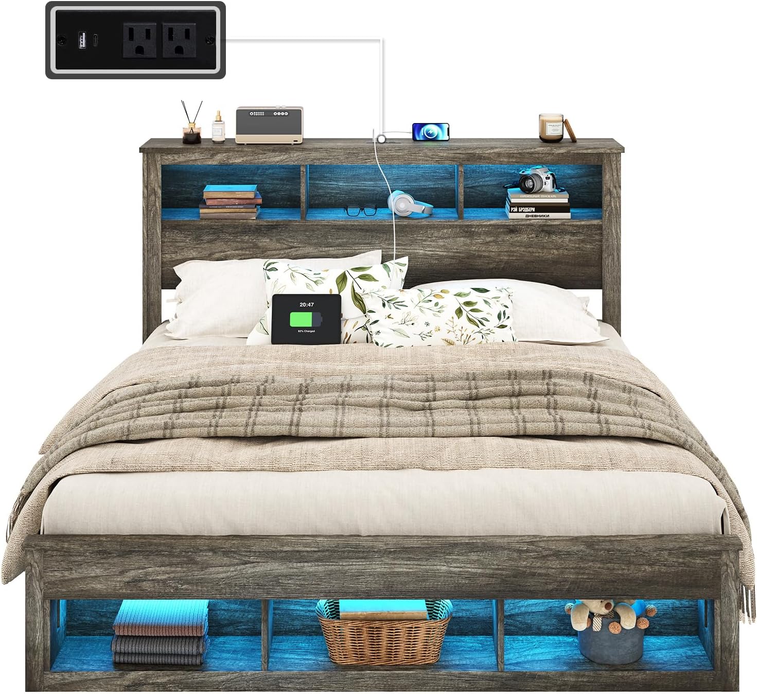 Albott Farmhouse King Size Bed Frame with Storage/Bookcase Headboard & Footboard, Wood Platform Bed with LED Lights/Charging Station, Heavy-Duty Metal Support/No Box Spring Needed/Noise-Free, Gray