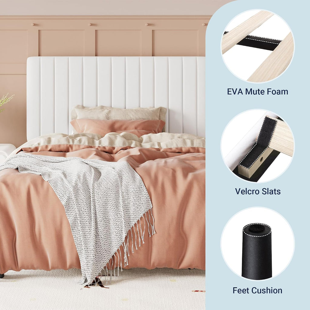 Allewie Twin Bed Frame, Velvet Upholstered Platform Bed with Adjustable Vertical Channel Tufted Headboard, Mattress Foundation with Strong Wooden Slats, Box Spring Optional, Easy Assembly, Off-White