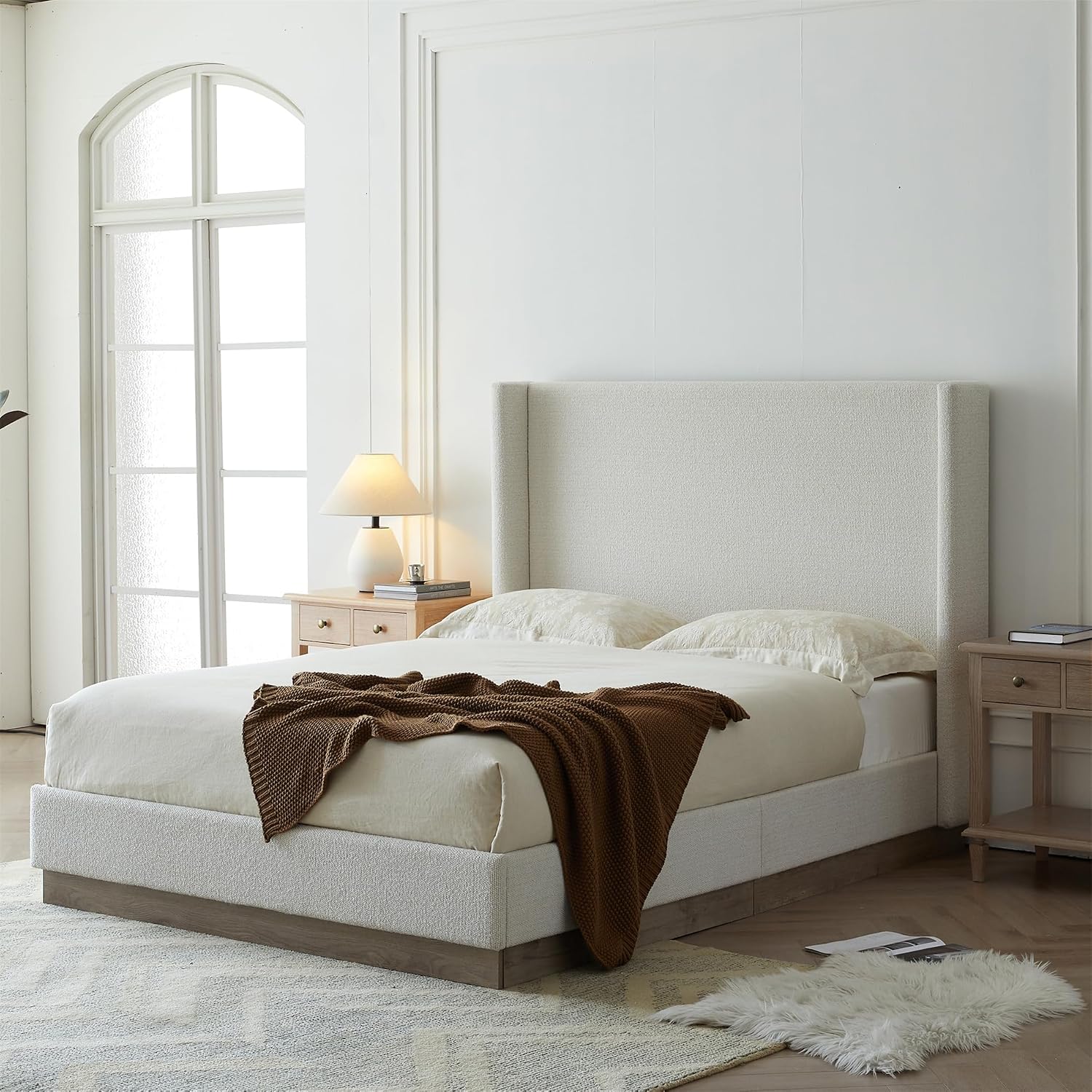 King Boucle Bed Frame with 53.1' Tall Headboard - Cream White Hosford Wingback Upholstered Platform Bed with Wood Base Bedroom Furniture Strong Mattress Wood Slats Support No Box Spring Needed